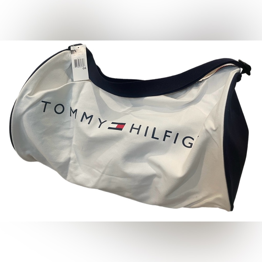 TOMMY HILFIGER Canvas Spellout Duffle Bag White Blue Weekender/Sports/Travel VTG